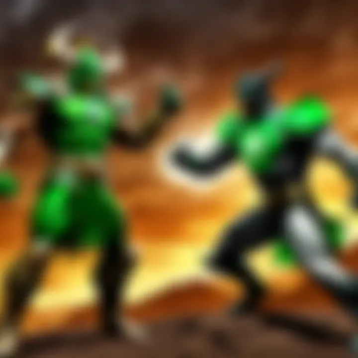 Powerful clash highlighting Shao Kahn from Mortal Kombat and Green Lantern from DC Universe