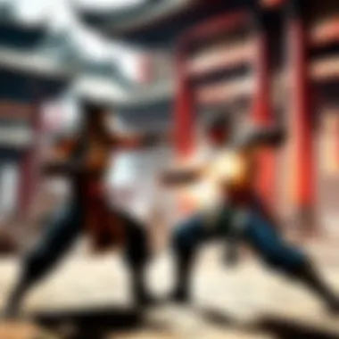 Dynamic combat scene in a Chinese temple setting