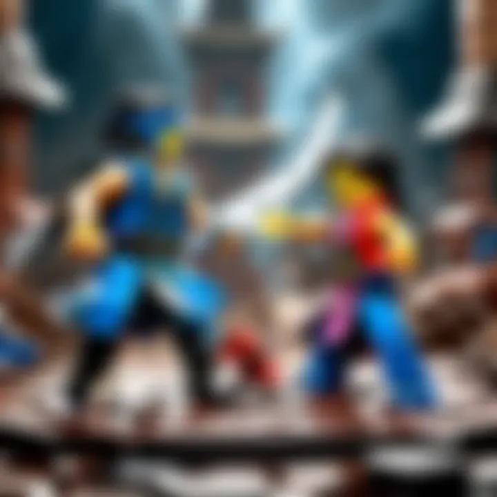 Epic battle scene with LEGO versions of Liu Kang and Kitana facing off