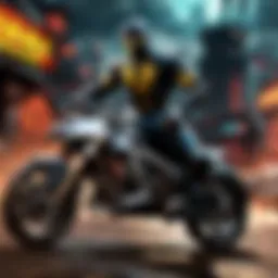 Warrior on motorcycle racing in dark futuristic city