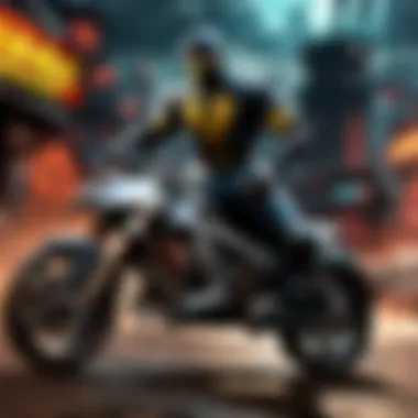 Warrior on motorcycle racing in dark futuristic city