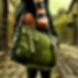 Elegant olive green MK bag against cityscape backdrop