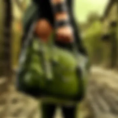 Elegant olive green MK bag against cityscape backdrop