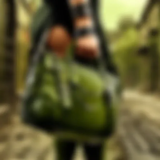 Elegant olive green MK bag against cityscape backdrop