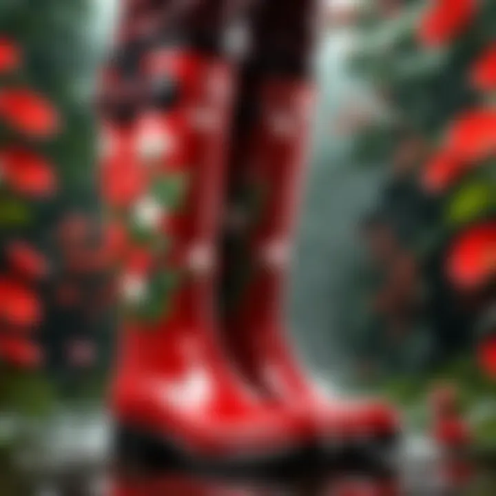 Red head rain boots with floral design in a garden setting