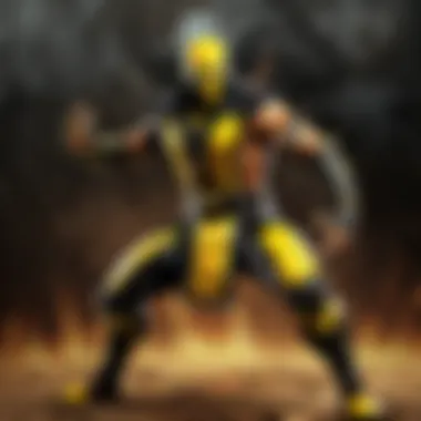 Dynamic pose of Mortal Kombat Scorpion action figure ready for battle