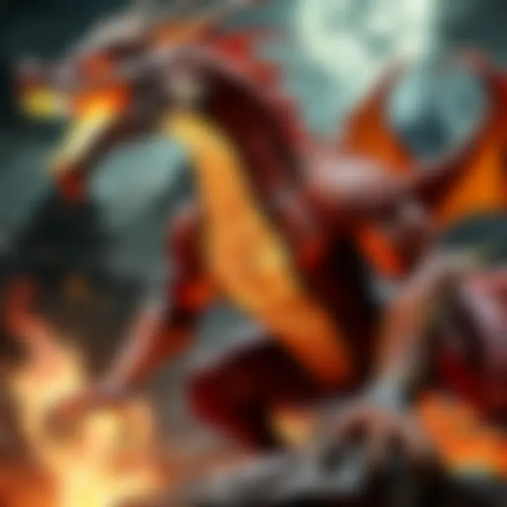 Fiery dragon breathing flames in a mythical setting